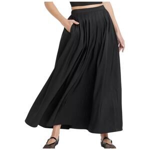 A New Day Pleated A-Line Maxi Skirt Womens L Black Pull On Elastic Waist Pockets